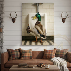 Maxcorners Funny Duck Holding Beer Bathroom Humor Rustic Art Wrapped Canvas