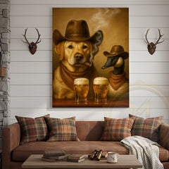 Maxcorners Cowboy Dog and Duck Drinking Beer Western Bar Art Wrapped Canvas