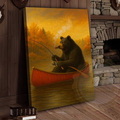 Maxcorners Bear Fishing with Cigar Autumn Lake Rustic Cabin Art Wrapped Canvas