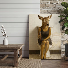 Maxcorners Funny Deer Woman Holding Beer Bathroom Humor Art Wrapped Canvas