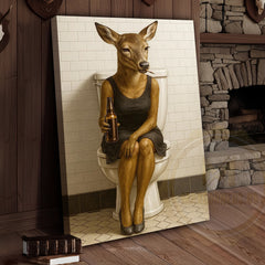 Maxcorners Funny Deer Woman Holding Beer Bathroom Humor Art Wrapped Canvas