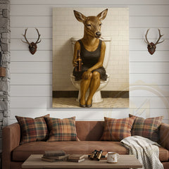 Maxcorners Funny Deer Woman Holding Beer Bathroom Humor Art Wrapped Canvas