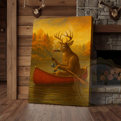 Maxcorners Deer Fishing with Cigar Autumn Lake Rustic Cabin Art Wrapped Canvas