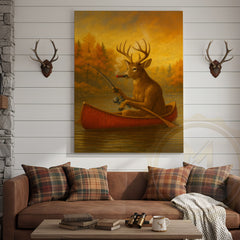 Maxcorners Deer Fishing with Cigar Autumn Lake Rustic Cabin Art Wrapped Canvas
