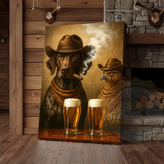 Maxcorners Cowboy Dog and Pheasant Drinking Beer Western Bar Art Wrapped Canvas
