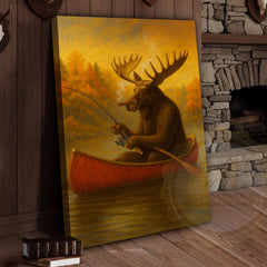 Maxcorners Moose Fishing with Cigar Autumn Lake Cabin Art Wrapped Canvas