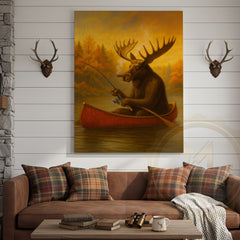 Maxcorners Moose Fishing with Cigar Autumn Lake Cabin Art Wrapped Canvas