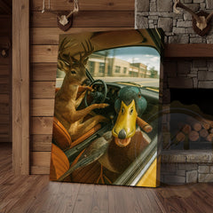 Maxcorners Deer Driving Car with Duck Funny Country Road Humor Art Wrapped Canvas