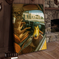 Maxcorners Deer Driving Car with Duck Funny Country Road Humor Art Wrapped Canvas