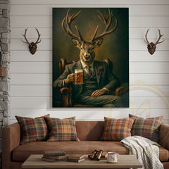 Maxcorners Deer Gentleman In Suit With Beer Rustic Bar Art Wrapped Canvas