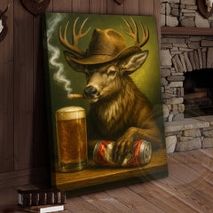 Maxcorners Deer Cowboy With Beer And Cigar Rustic Bar Wall Art Wrapped Canvas