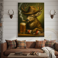 Maxcorners Deer Cowboy With Beer And Cigar Rustic Bar Wall Art Wrapped Canvas