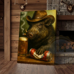 Maxcorners Wild Boar Cowboy With Beer Rustic Bar Wall Art Wrapped Canvas