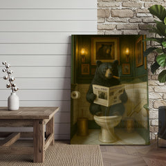 Maxcorners Funny Bear Reading Newspaper Rustic Bathroom Wall Art Wrapped Canvas