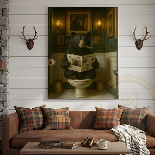 Maxcorners Funny Bear Reading Newspaper Rustic Bathroom Wall Art Wrapped Canvas