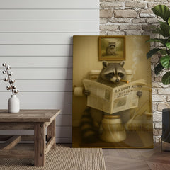 Maxcorners Funny Raccoon Reading Newspaper Rustic Bathroom Wall Art Wrapped Canvas