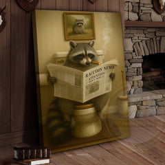 Maxcorners Funny Raccoon Reading Newspaper Rustic Bathroom Wall Art Wrapped Canvas