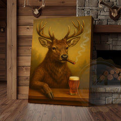 Maxcorners Deer Smoking Cigar with Beer Rustic Cabin Bar Art Wrapped Canvas