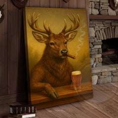 Maxcorners Deer Smoking Cigar with Beer Rustic Cabin Bar Art Wrapped Canvas