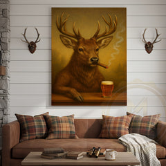 Maxcorners Deer Smoking Cigar with Beer Rustic Cabin Bar Art Wrapped Canvas