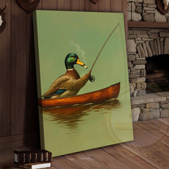 Maxcorners Funny Duck Fishing In Boat Smoking Rustic Lake Lodge Wall Art Wrapped Canvas