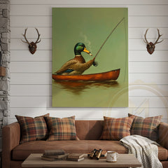 Maxcorners Funny Duck Fishing In Boat Smoking Rustic Lake Lodge Wall Art Wrapped Canvas
