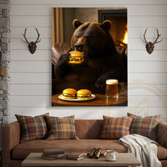 Maxcorners Funny Bear Eating Burger With Beer Rustic Lodge Wall Art Wrapped Canvas