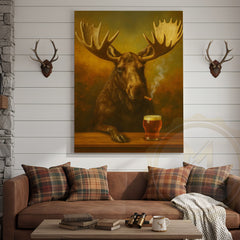 Maxcorners Moose Smoking Cigar with Beer Rustic Lodge Bar Art Wrapped Canvas