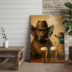Maxcorners Cowboy Dog Funny and Duck Drinking Beer Western Bar Art Wrapped Canvas