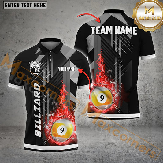 Maxcorners Billiard Grey Line Fire 9 Ball Pattern Personalized Name, Team Name 3D Polo Shirt (4 Colors)