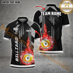 Maxcorners Billiard Grey Line Fire 9 Ball Pattern Personalized Name, Team Name 3D Polo Shirt (4 Colors)