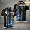 Maxcorners Grey Line Fire Bowling Ball & Pins  Personalized Name, Team Name 3D Polo Shirt (4 Colors)