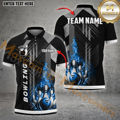 Maxcorners Grey Line Fire Bowling Ball & Pins  Personalized Name, Team Name 3D Polo Shirt (4 Colors)