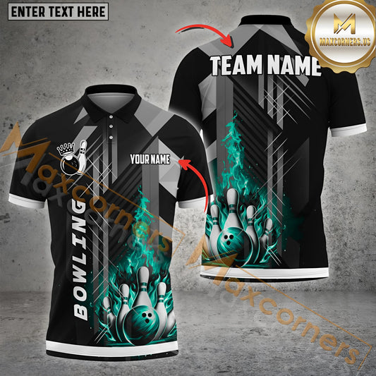 Maxcorners Grey Line Fire Bowling Ball & Pins  Personalized Name, Team Name 3D Polo Shirt (4 Colors)
