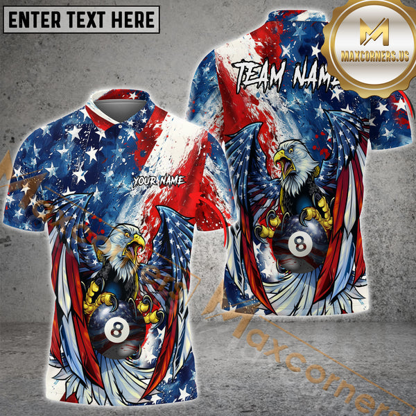 Maxcorners 8 Ball & 9 Ball Eagle American Flag Patriot Billiard Jersey Customized Name, Team Name 3D Polo Shirt