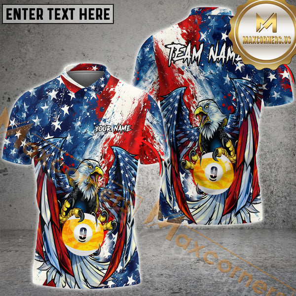 Maxcorners 8 Ball & 9 Ball Eagle American Flag Patriot Billiard Jersey Customized Name, Team Name 3D Polo Shirt