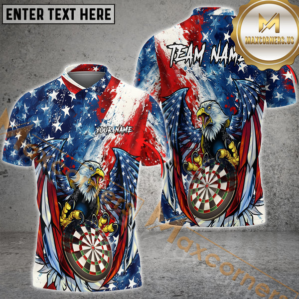 MaxCorners Darts Eagle USA Flag Customized Name, Team Name 3D Polo Shirt