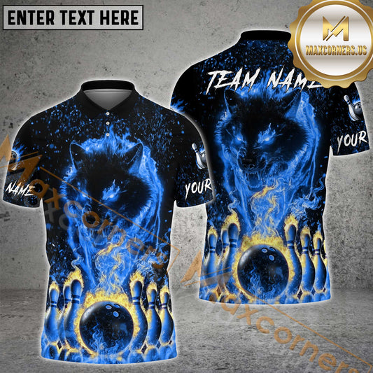 Maxcorners Bowling Ball & Pins Fire Wolf Bowling Ball Multicolor Options Personalized Name, Team Name 3D Shirt (4 Colors)