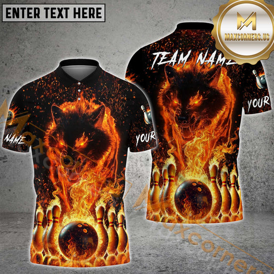 Maxcorners Bowling Ball & Pins Fire Wolf Bowling Ball Multicolor Options Personalized Name, Team Name 3D Shirt (4 Colors)