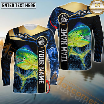 Maxcorners Mahi-Mahi Fishing Golden With Blue Flame Pattern Sport Jersey Personalized Name, Team Name Long Sleeve Shirt