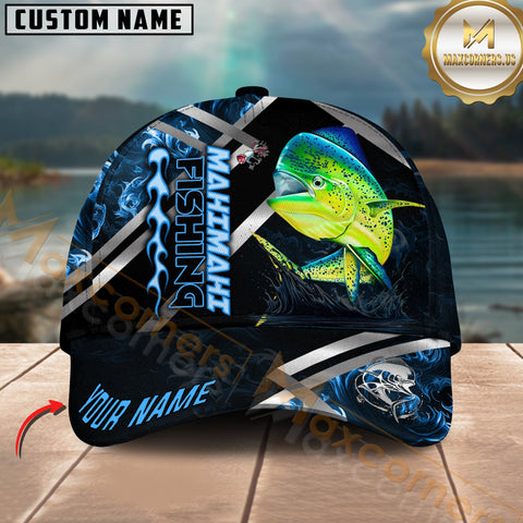 Maxcorners Mahi-Mahi Fishing Blue Flame Silver Line Pattern Multicolor Personalized Name 3D Cap