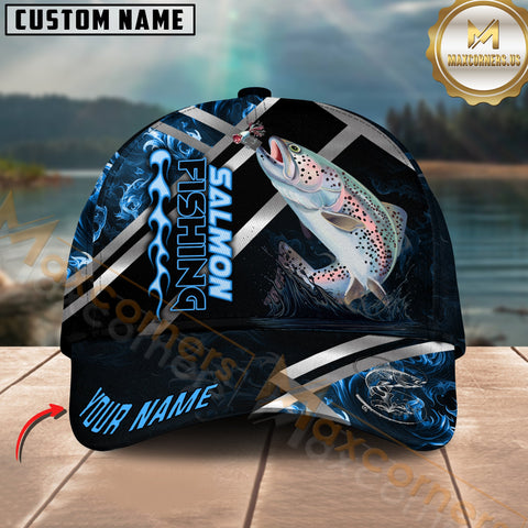 Maxcorners Salmon Fishing Blue Flame Silver Line Pattern Multicolor Personalized Name 3D Cap