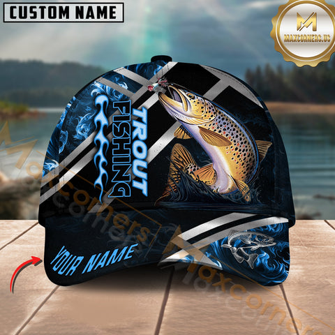 Maxcorners Trout Fishing Blue Flame Silver Line Pattern Multicolor Personalized Name 3D Cap