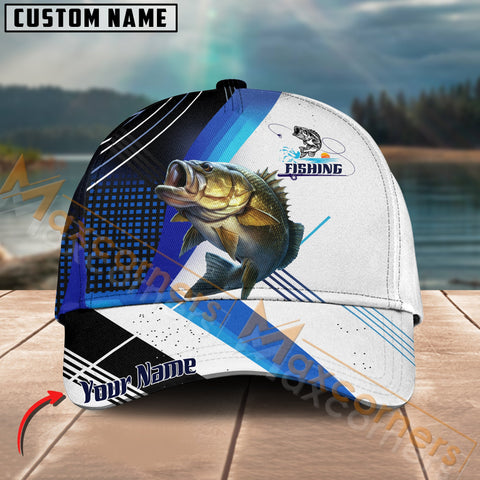 Maxcorners Largemouth Bass Fishing Blue Pattern White Line Pattern Multicolor Personalized Name 3D Cap