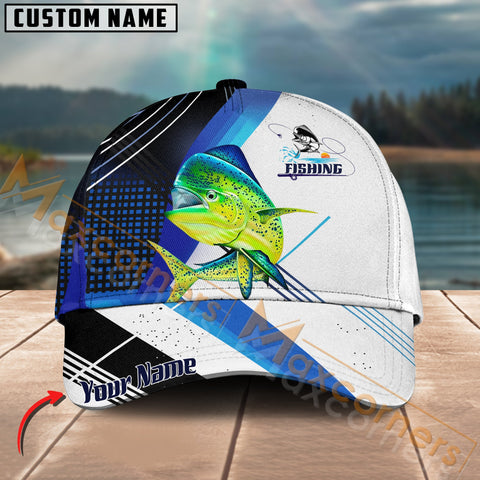 Maxcorners Mahi-Mahi Fishing Blue Pattern White Line Pattern Multicolor Personalized Name 3D Cap