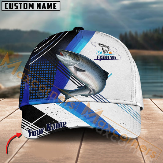 Maxcorners Salmon Fishing Blue Pattern White Line Pattern Multicolor Personalized Name 3D Cap