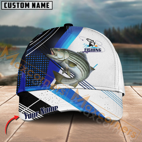 Maxcorners Stripped Bass Fishing Blue Pattern White Line Pattern Multicolor Personalized Name 3D Cap