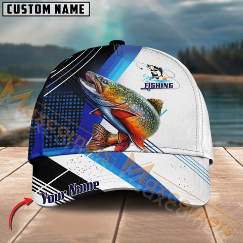 Maxcorners Trout Fishing Blue Pattern White Line Pattern Multicolor Personalized Name 3D Cap