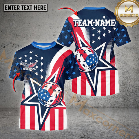 Maxcorners Pickleball Ball US Star Pattern Customized Name, Team Name 3D Shirt (4 colors)