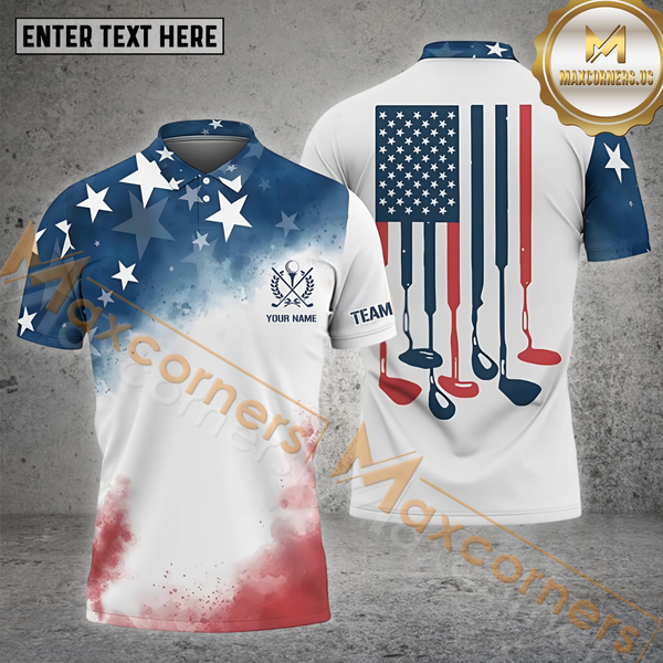 Maxcorners Golf American Flag Pattern Customized Name, Team Name 3D Polo Shirt